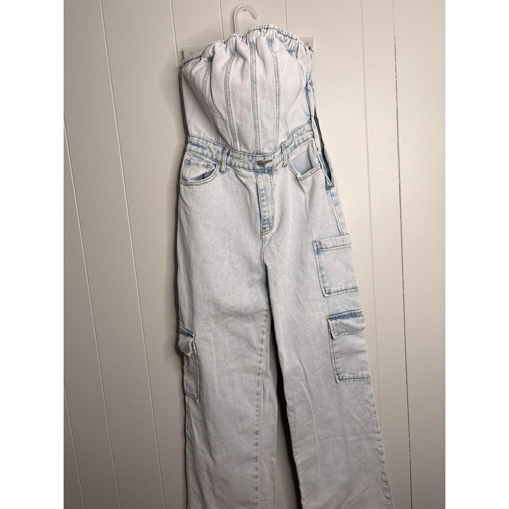 DENIM JEAN JUMPSUIT SIZE M CORSET UPPER, CARGO BOTTOM LIGHT WASH-WILD FABLE